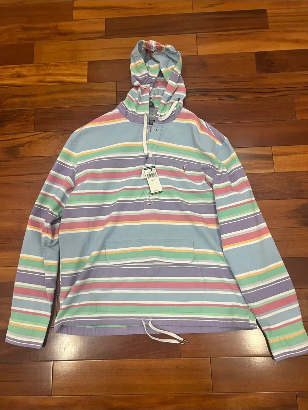 Polo by Ralph Lauren Pastel Retro Striped Hooded Pullover Draw String